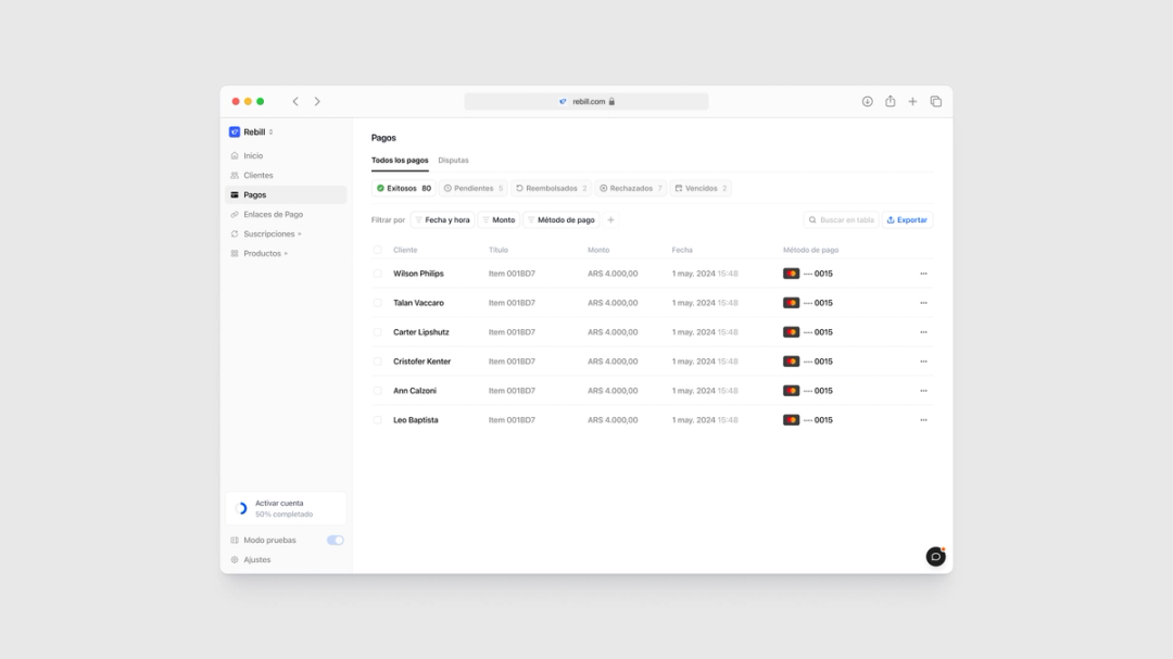 Rebill payments dashboard in dark mode showing recent card transactions, designed by Kundo Studio to give LATAM operators a Stripe-grade, high-contrast UI for monitoring payment status, amounts, and methods with confidence.