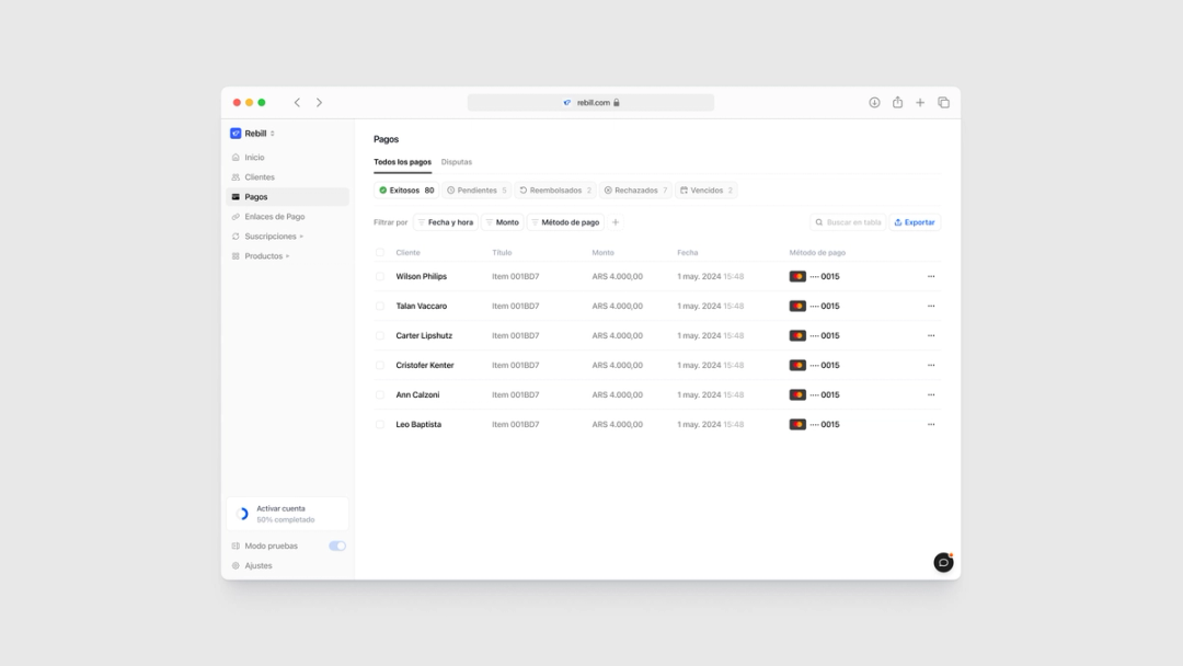Rebill payments dashboard in dark mode showing recent card transactions, designed by Kundo Studio to give LATAM operators a Stripe-grade, high-contrast UI for monitoring payment status, amounts, and methods with confidence.