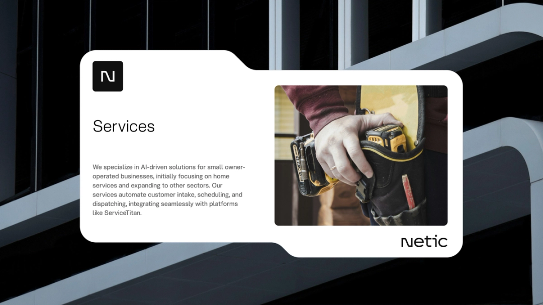 Netic services card over an architectural background.