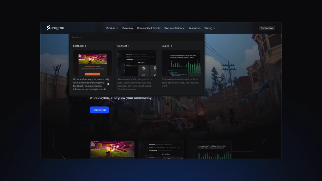 Pragma game backend website page showing products and analytics.