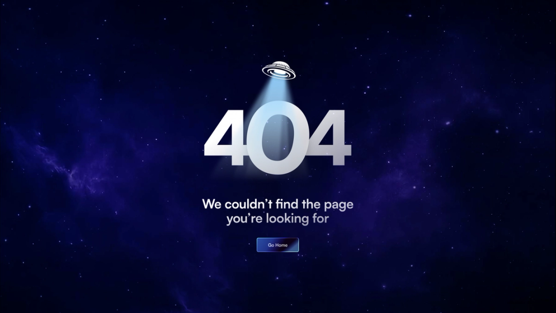 Emerge Tools 404 page with a UFO beaming light onto large “404” numbers and the message “We couldn’t find the page you’re looking for” on a starry galaxy backdrop.