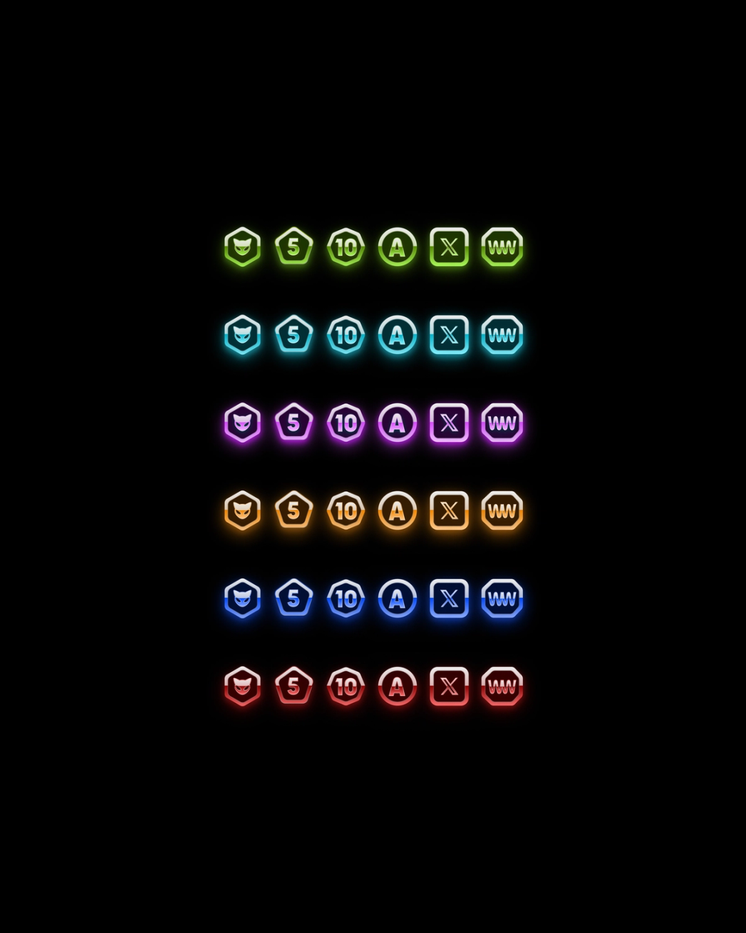 Stacked rows of neon badge-style icons in multiple colors, featuring MEOW cat, numbers, and web symbols, designed by Kundo Studio as part of the playful retro UI icon system for the MEOW crypto brand and website.