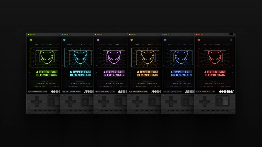 Row of six retro handheld-style MEOW screens with neon cat icons and “A Hyper-Fast Blockchain” messaging in different colors, showcasing Kundo Studio’s playful, nostalgic crypto brand identity and interactive website design for the MEOW token.