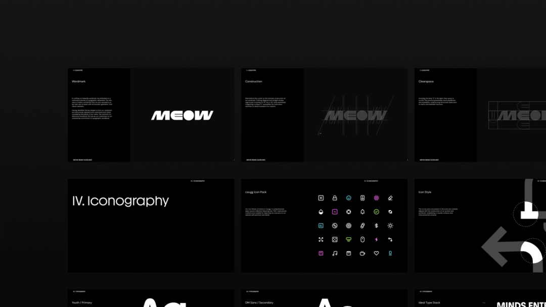 Overview of the MEOW brand guidelines showing the retro wordmark, logo construction and clearspace, iconography section, and colorful icon set, designed by Kundo Studio to define the playful visual identity for the MEOW crypto project.