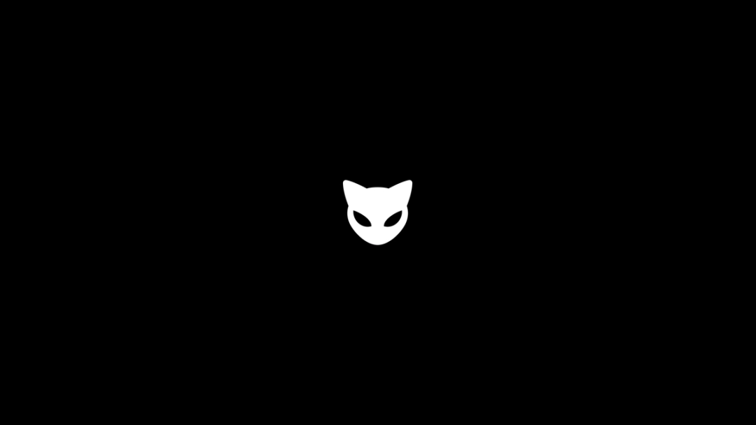 Centered white MEOW cat-head logo on a black background, designed by Kundo Studio as the core playful icon for the MEOW crypto brand and retro-inspired website.