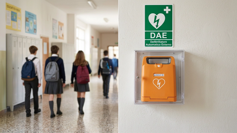 Defibrillatore DAE installato in teca a parete nel corridoio di una scuola italiana