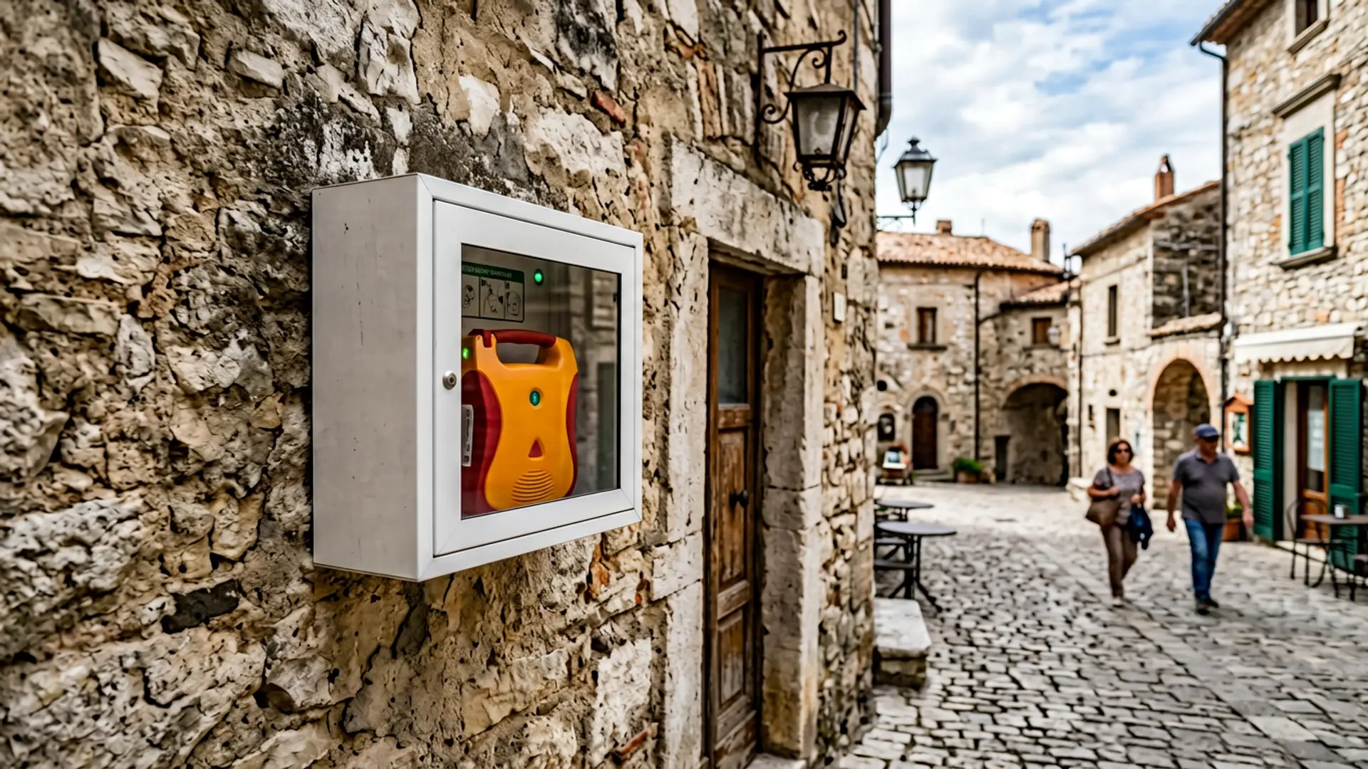 Defibrillatore DAE in teca esterna sulla facciata di un municipio in una piazza di un piccolo comune italiano