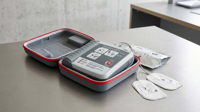 Defibrillatore semiautomatico DAE con custodia, pronto all'uso