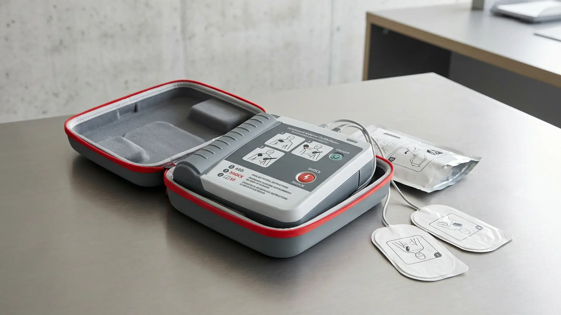 Defibrillatore semiautomatico DAE con custodia, pronto all'uso