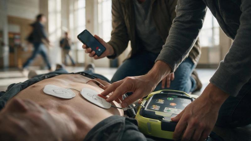Persona che applica gli elettrodi di un defibrillatore DAE sul torace durante una manovra di rianimazione cardiopolmonare in un luogo pubblico