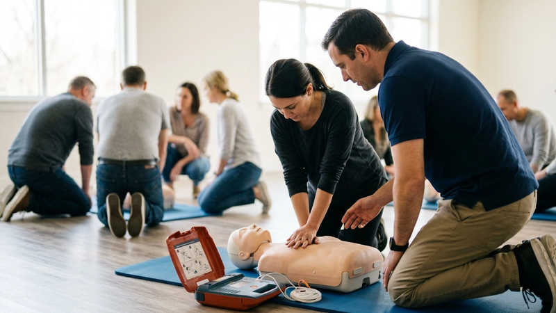 Gruppo di persone durante un corso BLSD-DAE mentre si esercita sulla rianimazione cardiopolmonare con un manichino e un defibrillatore