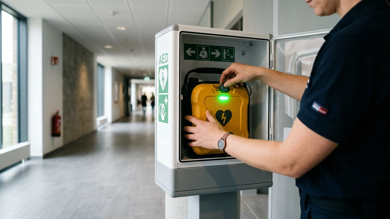Mani di un tecnico che controllano lo stato di un defibrillatore DAE dentro una teca a parete con LED di stato verde