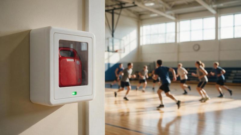 Defibrillatore DAE dentro una teca a bordo campo in un impianto sportivo durante l'allenamento di una società sportiva dilettantistica