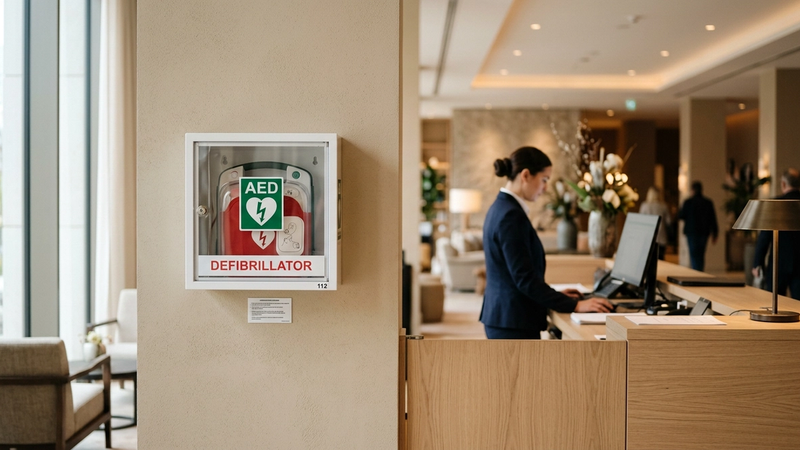Teca con defibrillatore DAE installata nella hall di un hotel accanto al bancone della reception