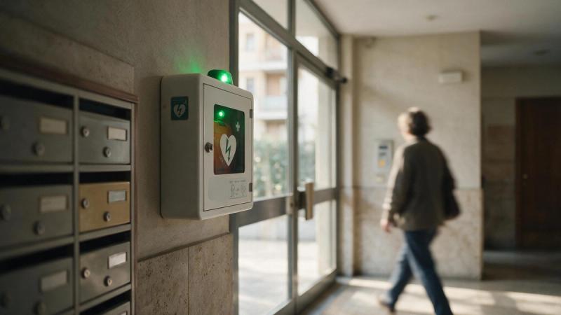 Defibrillatore DAE installato in una teca a parete nell'androne di ingresso di un condominio residenziale