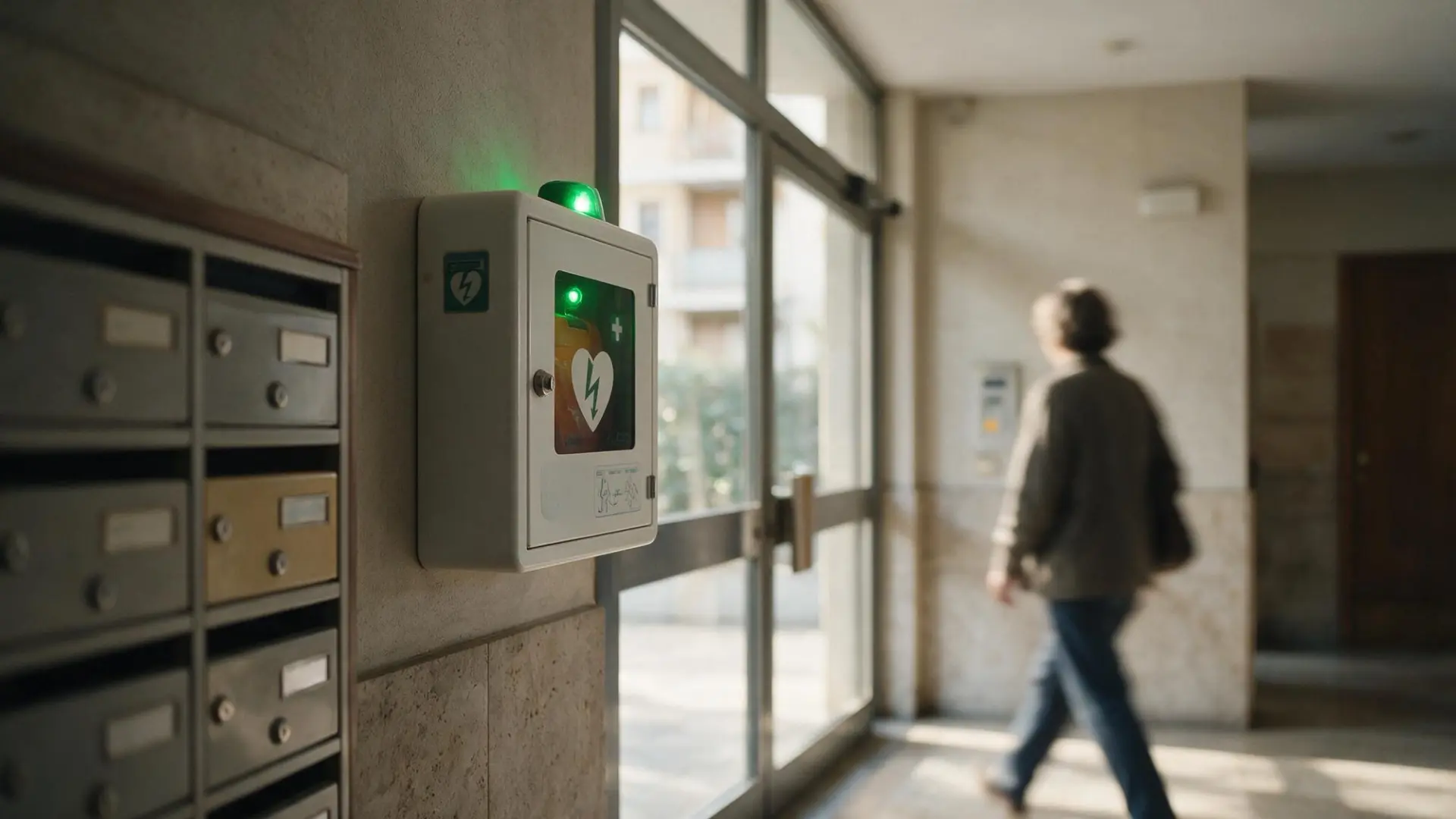 Defibrillatore DAE installato in una teca a parete nell'androne di ingresso di un condominio residenziale