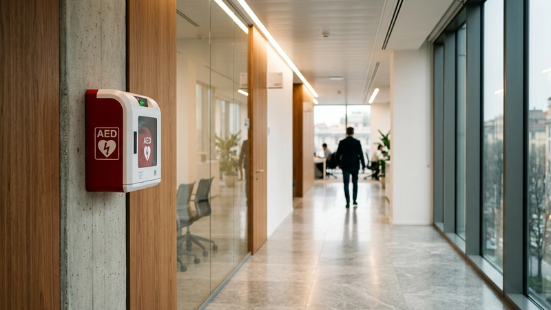 Defibrillatore DAE installato in azienda dentro teca a parete in un corridoio di ufficio