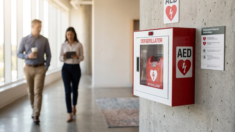 Defibrillatore DAE a parete in un ambiente di lavoro aziendale