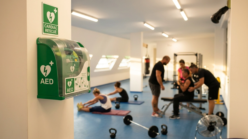 Atleti dell'ASD Willpower accanto al defibrillatore DAE della palestra
