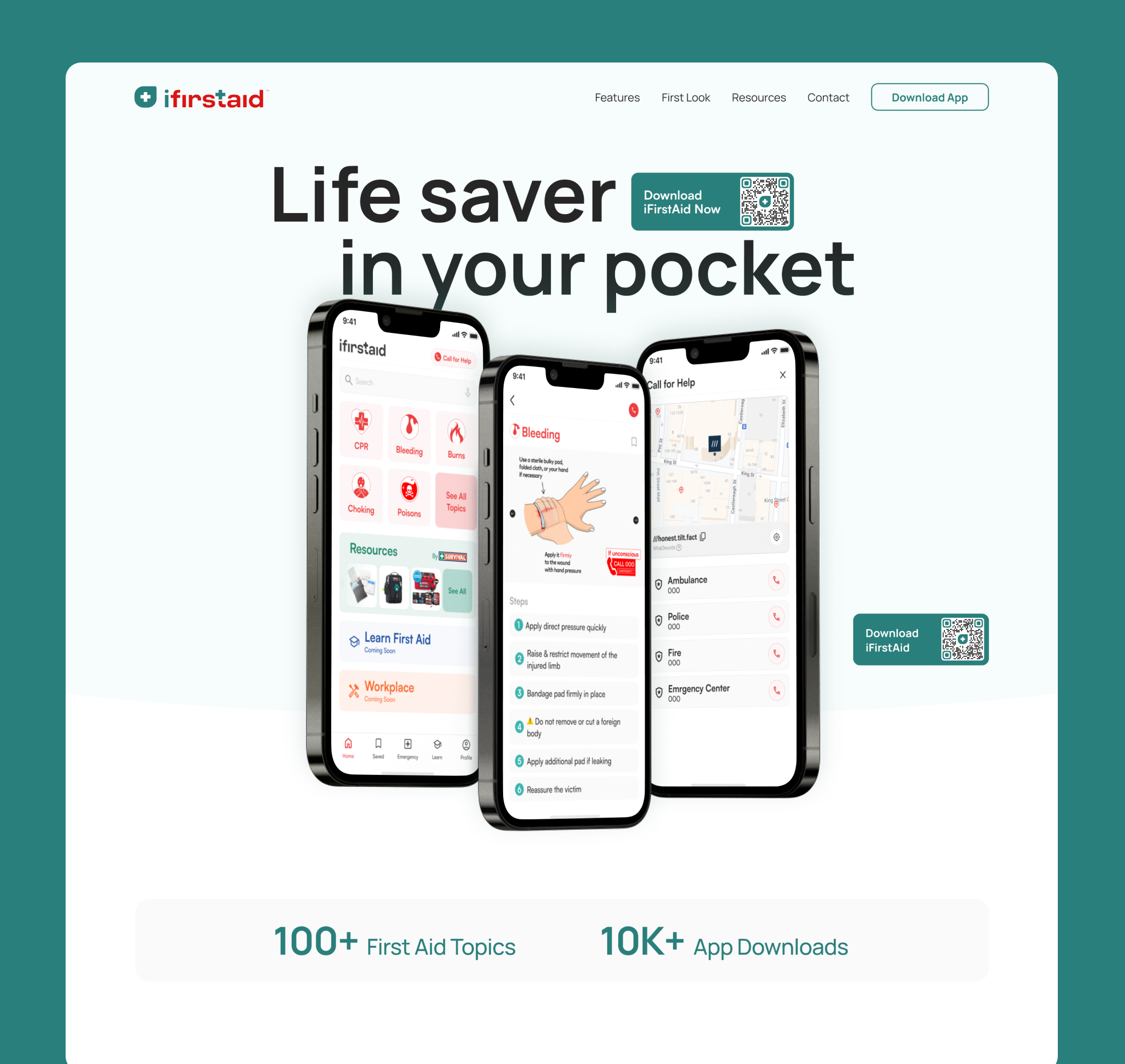 iFirstAid website hero section showing three app screens with "Life saver in your pocket" headline, 100+ first aid topics, and 10K+ downloads stats