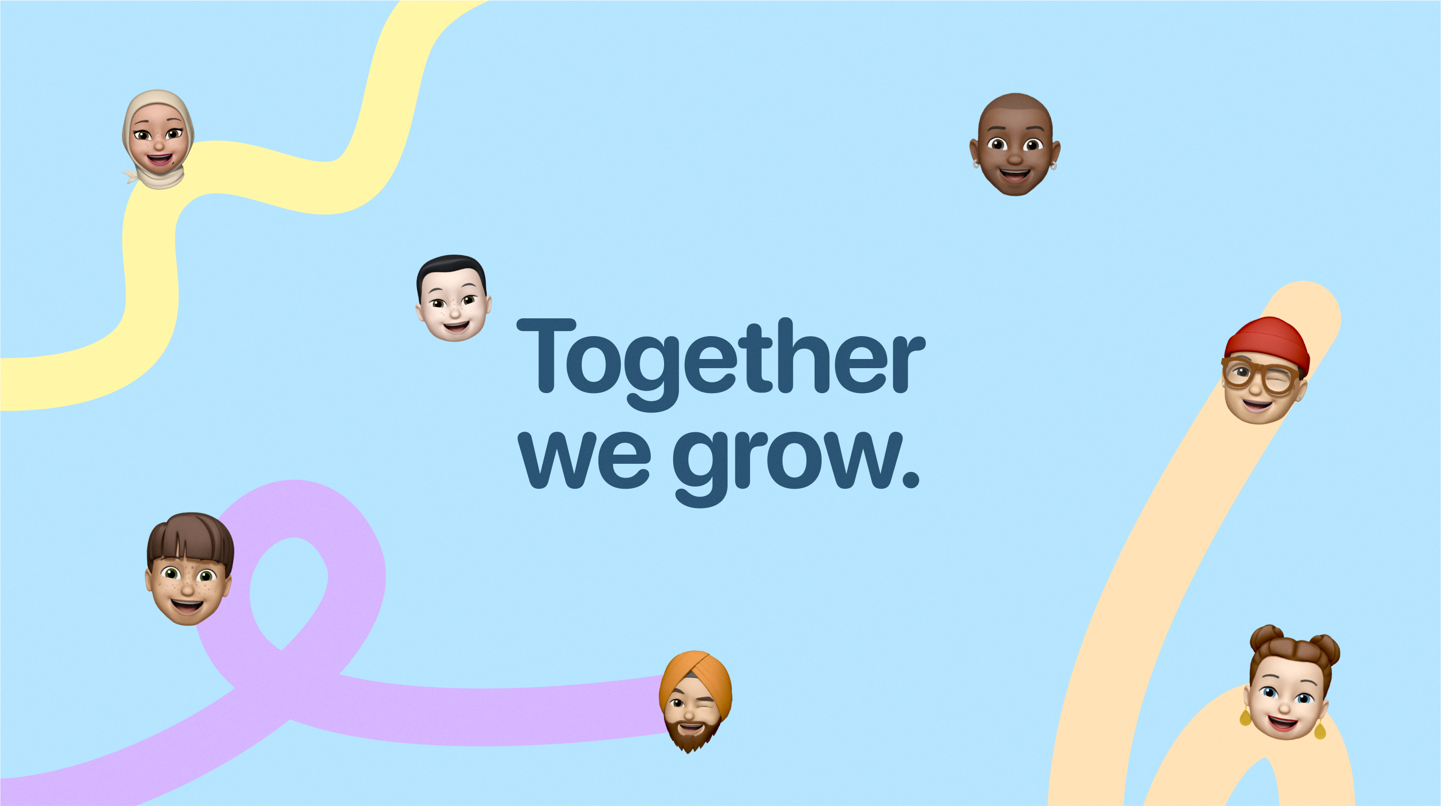 Community Guide campaign thumbnail — "Together We Grow" with diverse illustrated character avatars on a light blue background