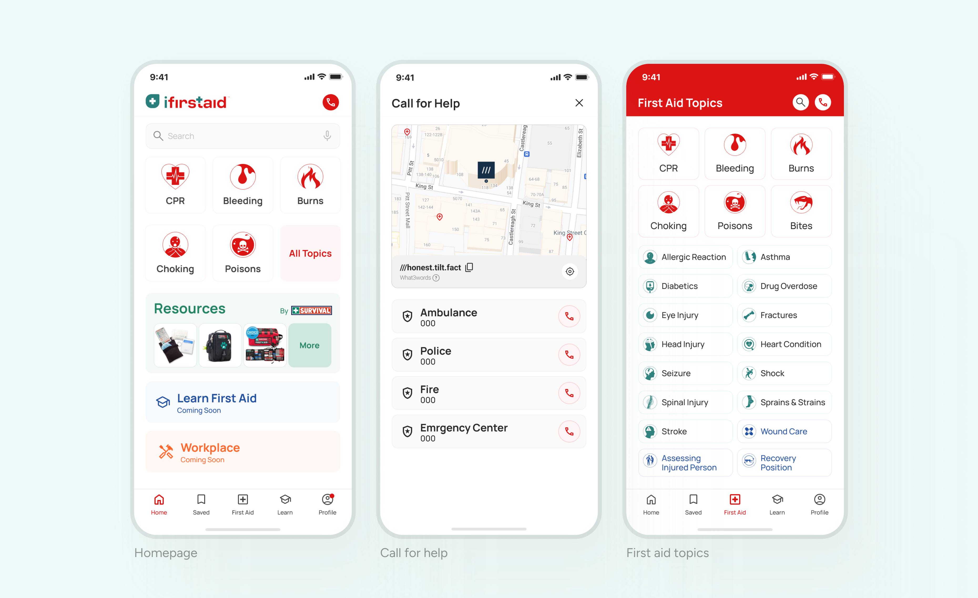 iFirstAid app screens showing homepage with first aid categories, Call for Help map with emergency contacts, and full first aid topics list including CPR, stroke, seizure, and wound care