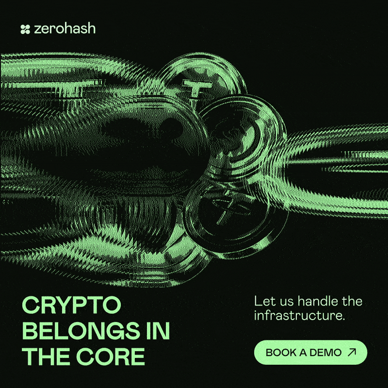 zerohash brand ad with 3D green abstract shapes on black background and the headline "Crypto Belongs in the Core" with a Book a Demo CTA