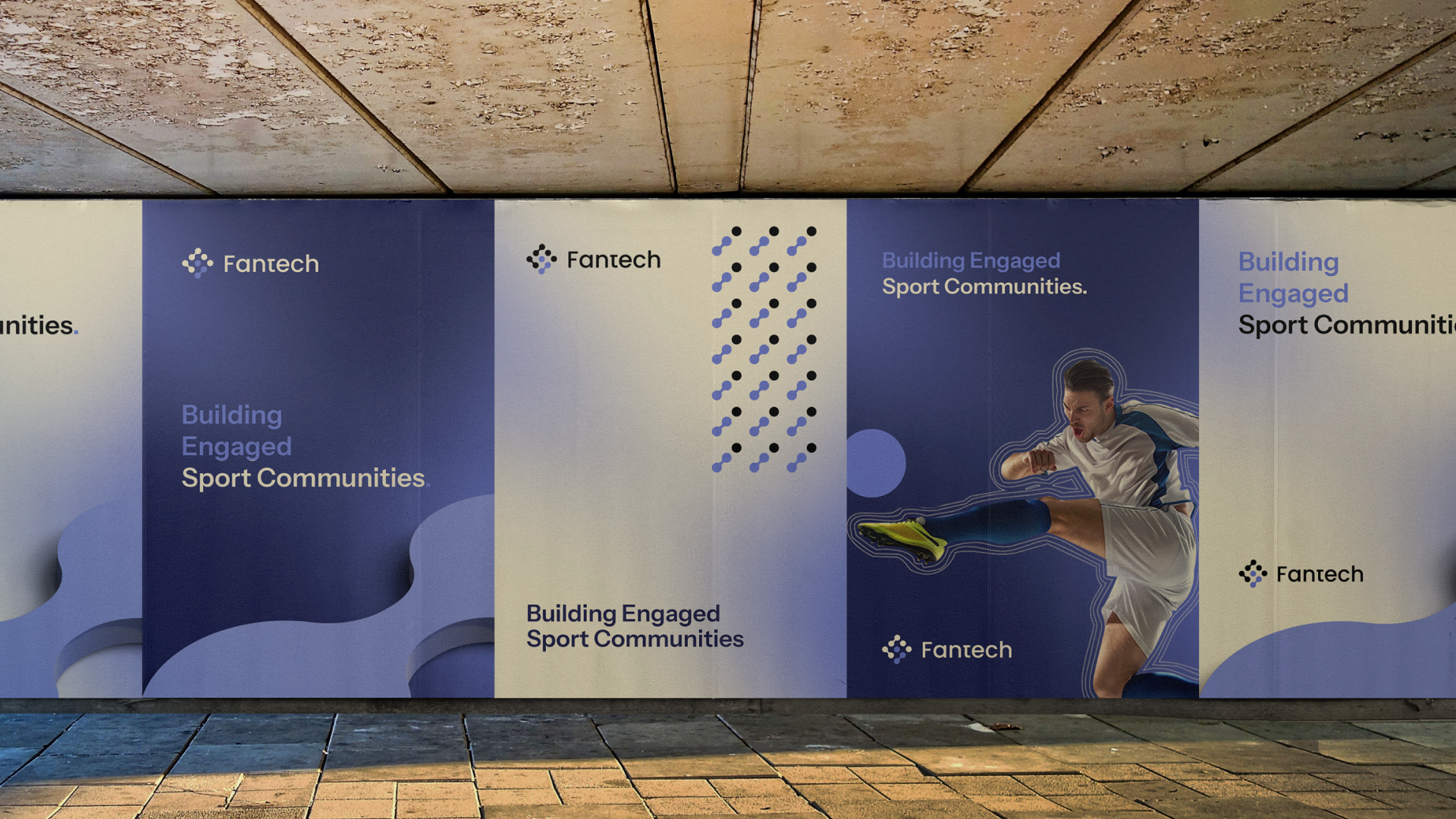 Fantech brand identity mockup on outdoor wall panels showing logo, dot pattern graphic, football player visual, and "Building Engaged Sport Communities" tagline in navy and purple