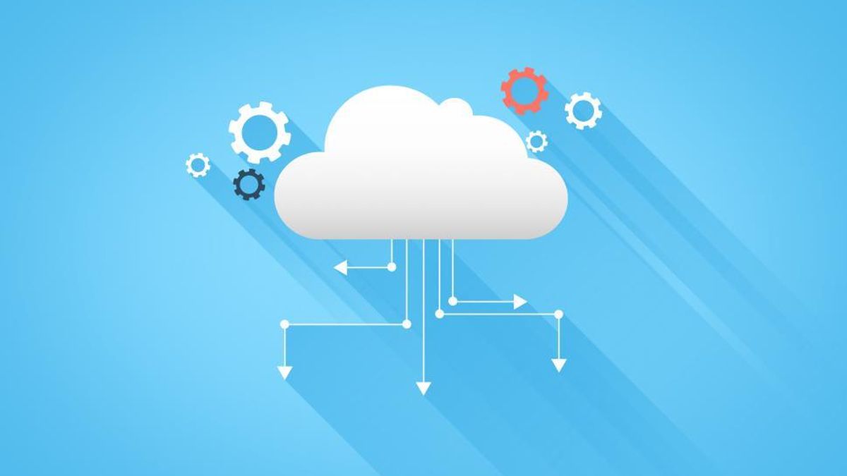A cloud with arrows and cogs emanating from it