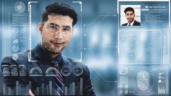 Facial recognition tool identifying a dark haired, suited man and bringing up his records