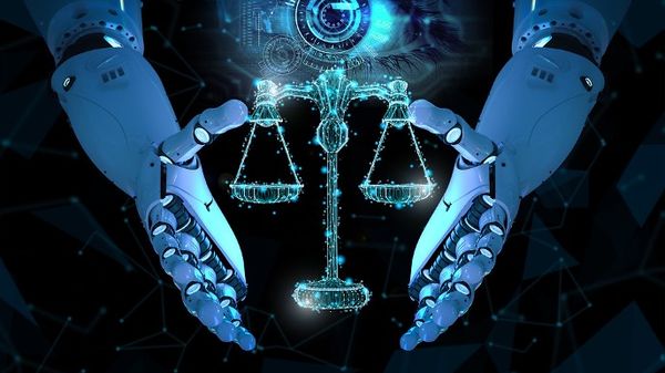 Graphic of robot hands holding hovering scales with an eye above that has a robotic pupil