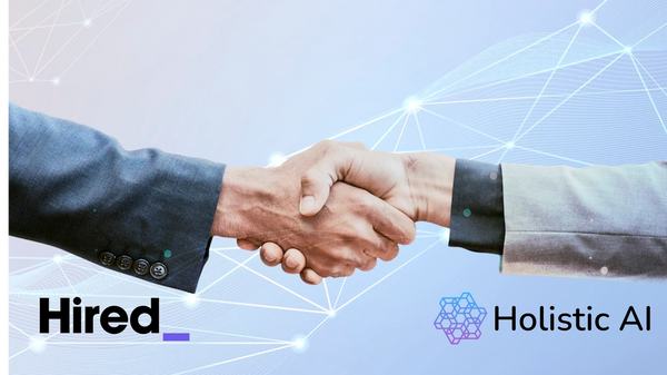 Two men in suits shaking hands with an algorithm graphic in the background and the Hired and Holisticv AI logos in the bottom corners