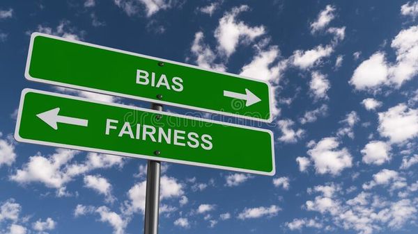 Two road signs pointing in opposite directions titled 'BIAS' and 'FAIRNESS'