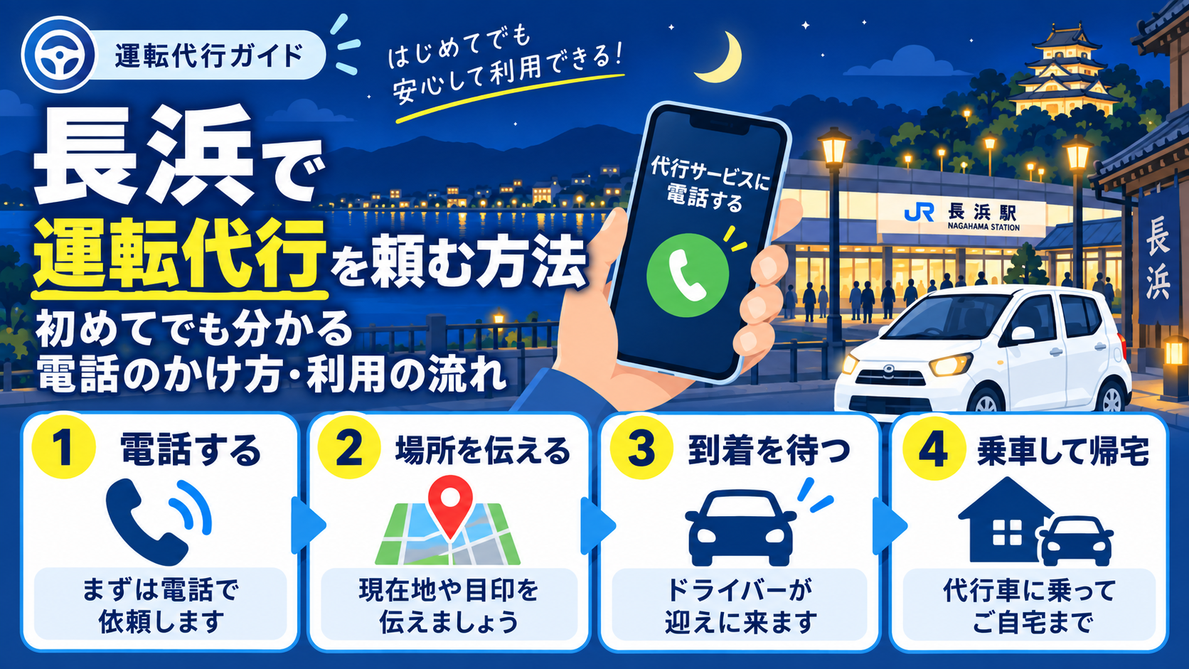 長浜で運転代行を頼む方法｜初めてでも分かる電話のかけ方・利用の流れ