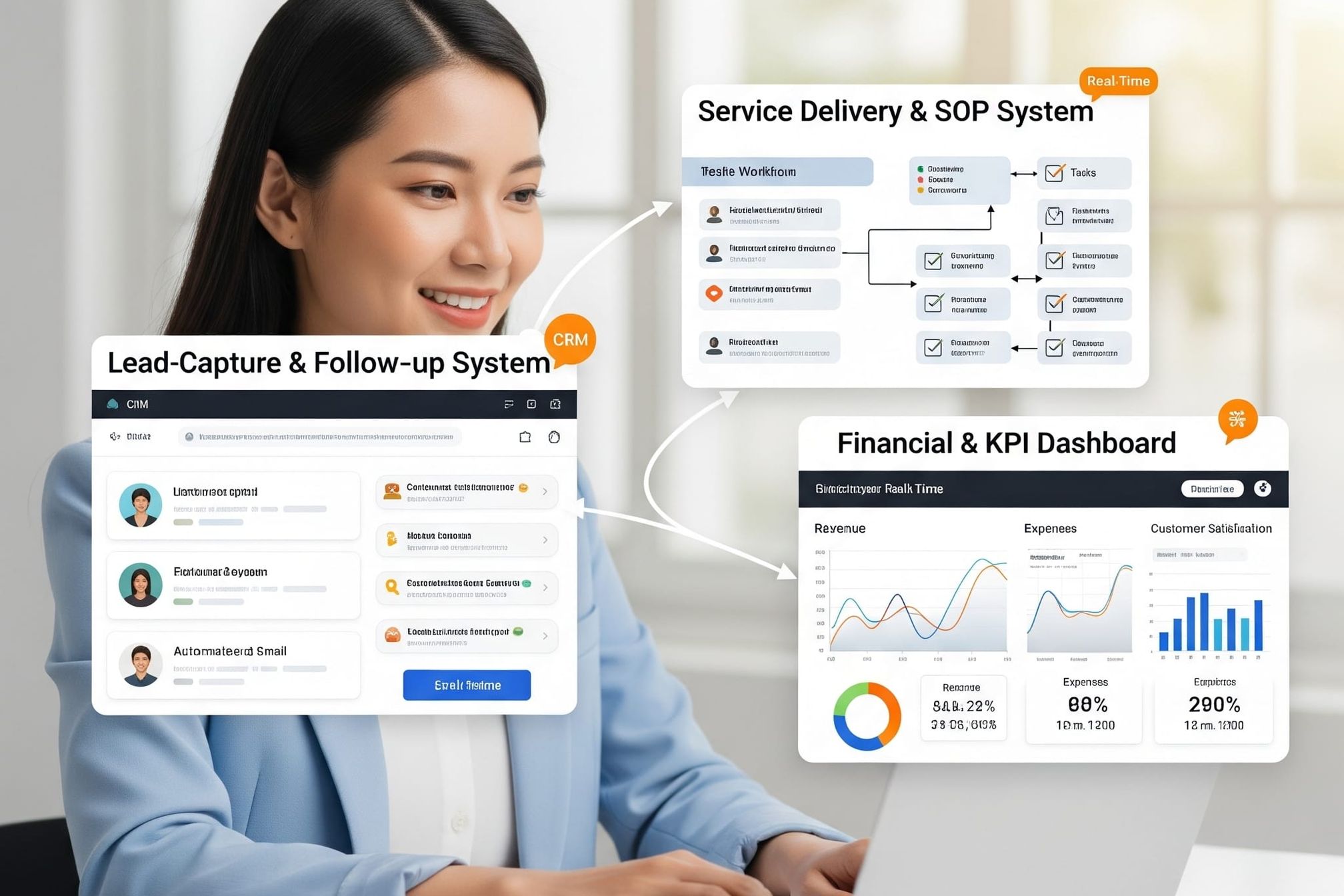 An illustrative image of a smiling small business owner using a laptop to manage three interconnected systems: a lead-capture CRM, a service delivery workflow chart, and a financial performance dashboard, highlighting business growth and efficiency.