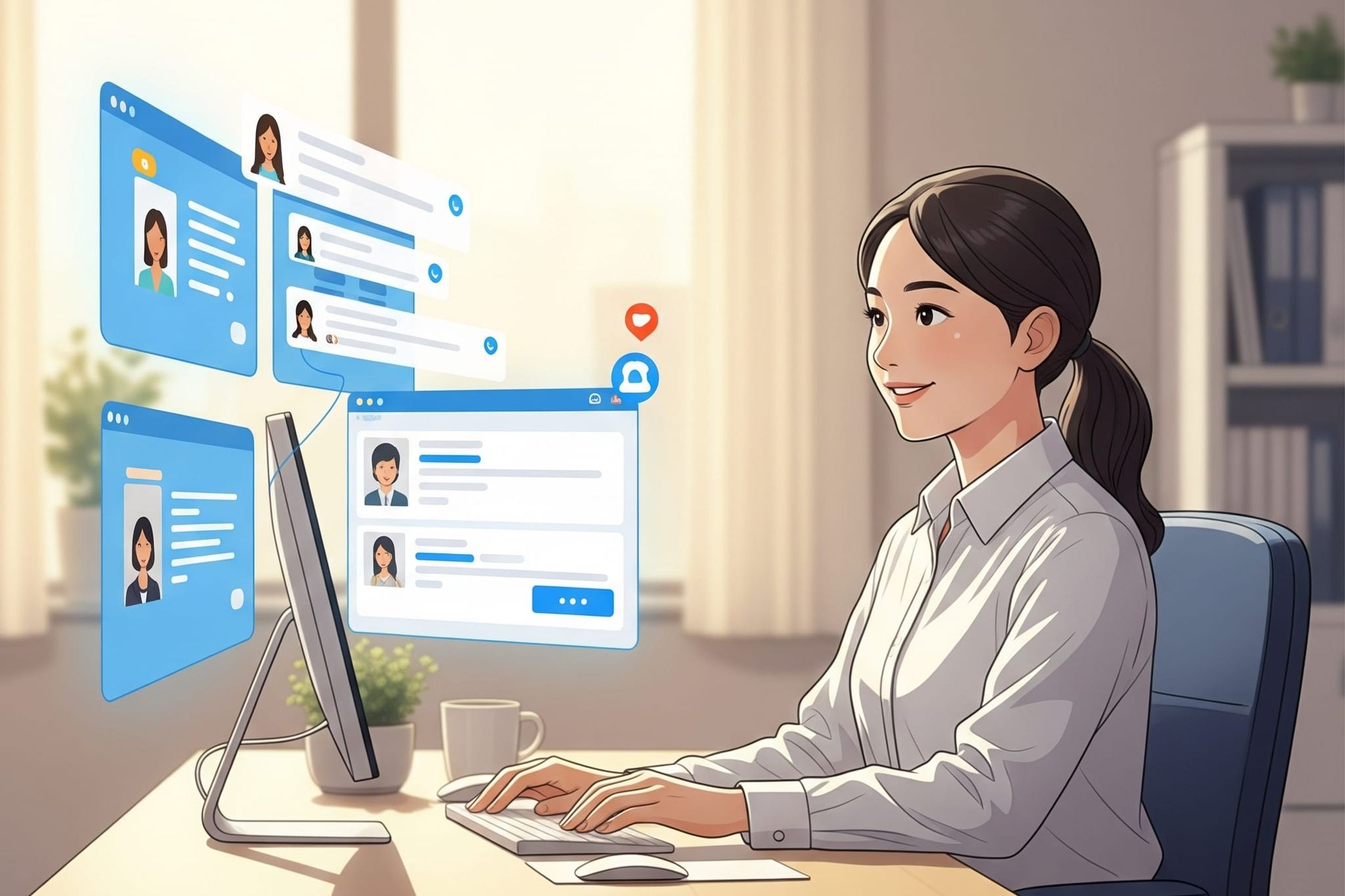 An illustrative image of a calm female small business owner at a desk, efficiently managing multiple customer inquiries through AI-powered interfaces displayed on computer screens, symbolizing stress-free customer communication and prevention of missed opportunities