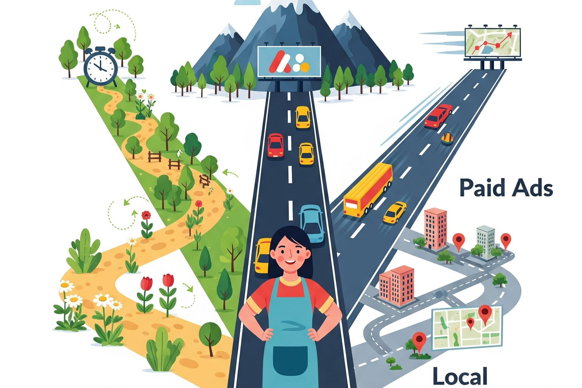 A visual comparison of lead generation strategies: a business owner stands in front of three paths leading to a mountain of leads, representing SEO (slow, organic growth), Paid Ads (fast, direct traffic), and Local Directories (community-based networking)