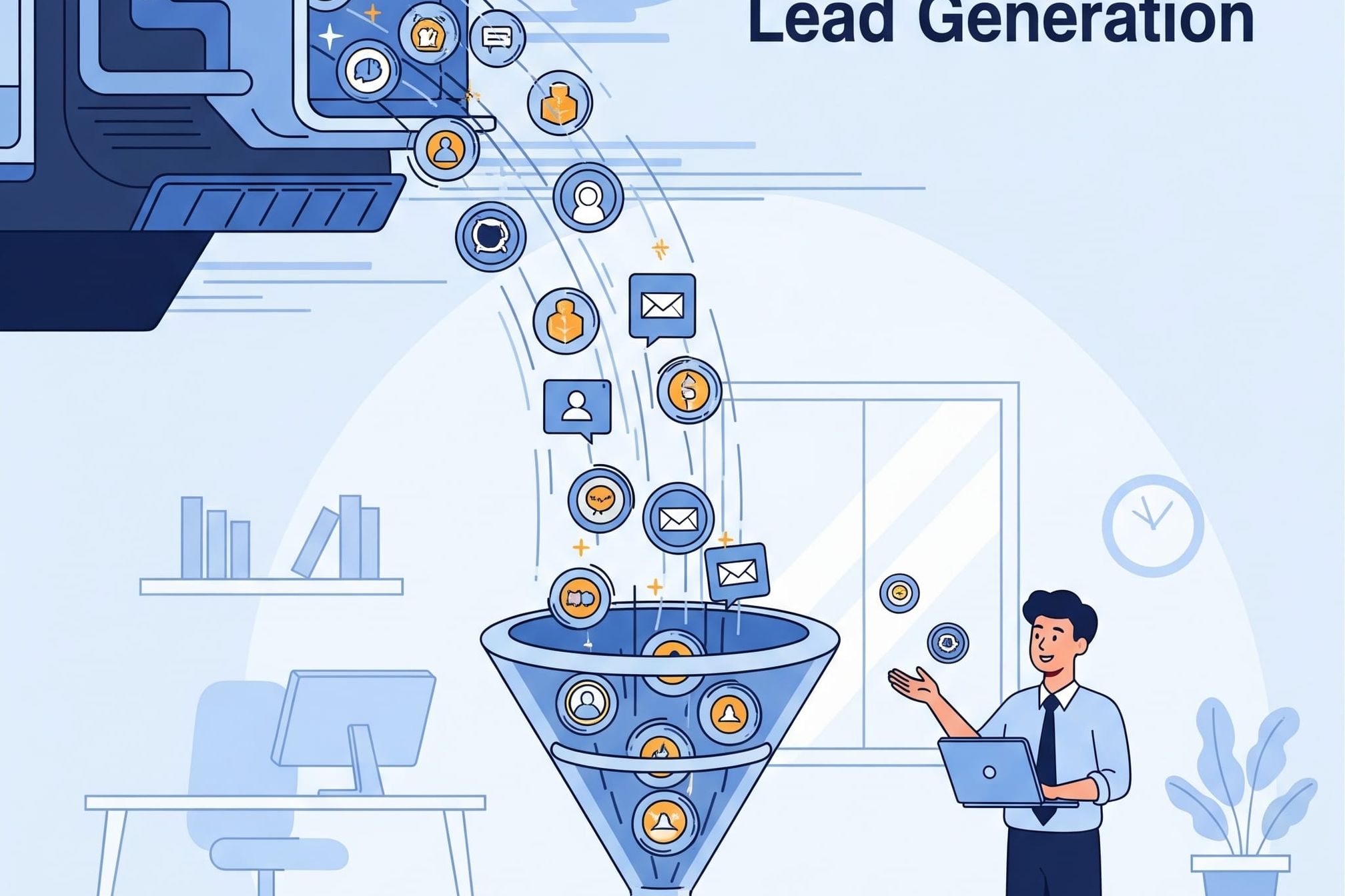 An illustration of a lead generation engine funneling a constant stream of leads to a small business owner, representing a reliable system for continuous business growth