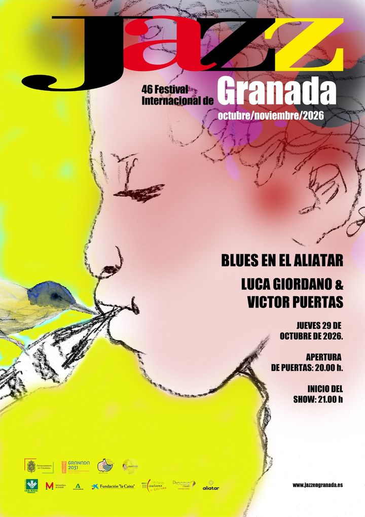 Cartel del 46 Festival Internacional de Jazz de Granada, que incluye el concierto de Luca Giordano y Víctor Puertas en Sala Aliatar.