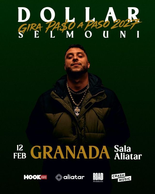 Cartel del concierto de Dollar Selmouni en Sala Aliatar, viernes, 12 de febrero de 2027.