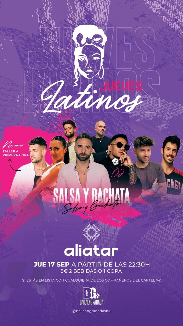 Cartel de Jueves Latinos en Sala Aliatar, una noche de salsa y bachata con profesores y DJs de Bailea en Granada.