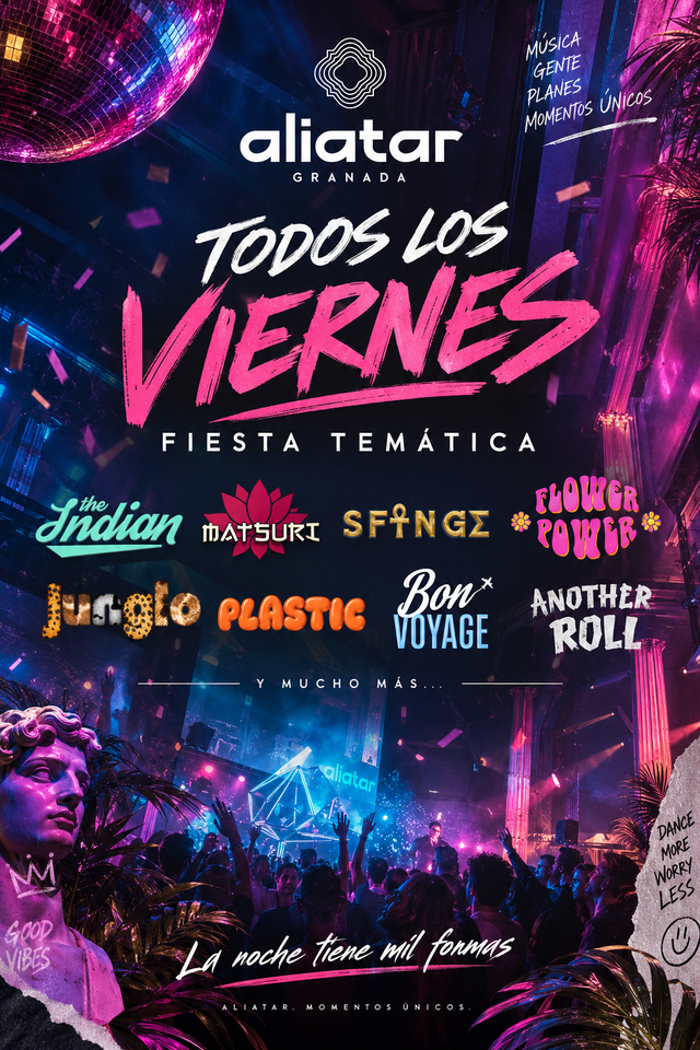 Cartel de las fiestas temáticas de los viernes en Sala Aliatar, con diferentes conceptos y ambientaciones cada semana.