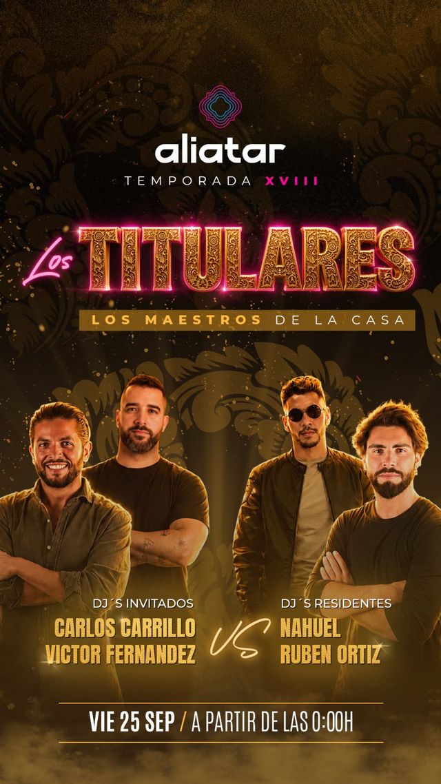 Cartel de Los Titulares, fiesta de inauguración de la Temporada XVIII de Sala Aliatar, con los DJs de la casa