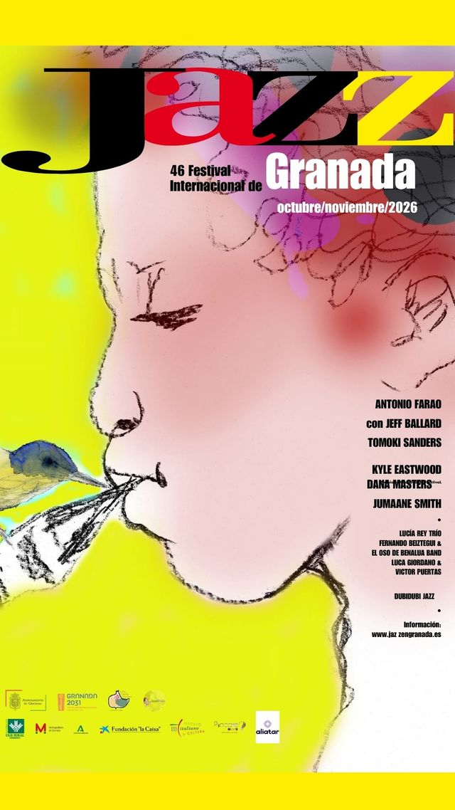 Cartel del 46 Festival Internacional de Jazz de Granada, que incluye el concierto de Luca Giordano y Víctor Puertas en Sala Aliatar.