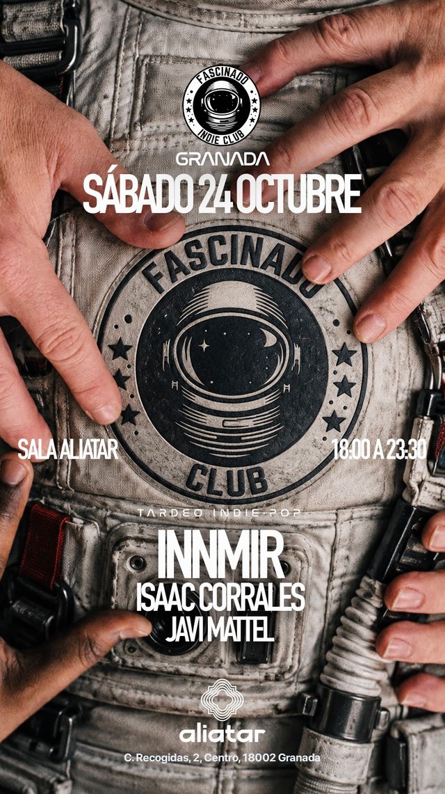 Cartel de Fascinado Club en Sala Aliatar: bolsillo de astronauta con las manos estirando logo