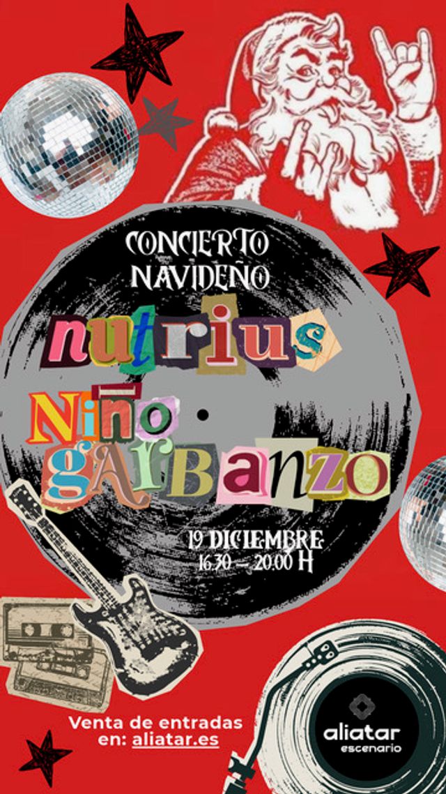 Cartel del concierto navideño de Nutrius y El Niño Garbanzo en Sala Aliatar Granada, el 19 de diciembre de 2026.