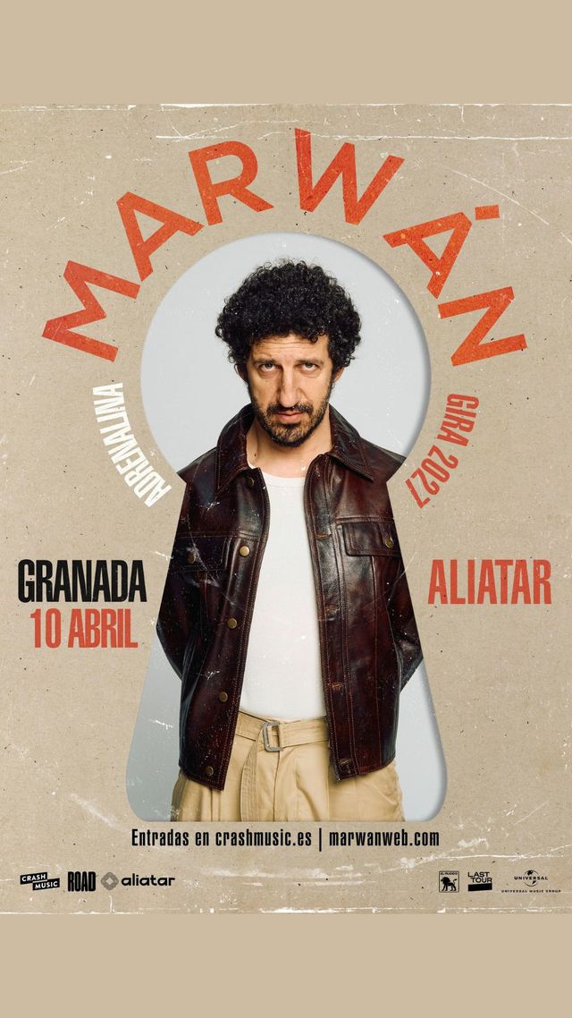 Cartel del concierto de Marwán, gira Adrenalina 2027, el 10 de abril en Aliatar Granada: retrato del cantautor con chaqueta de cuero marrón dentro de un óvalo con el nombre en naranja.