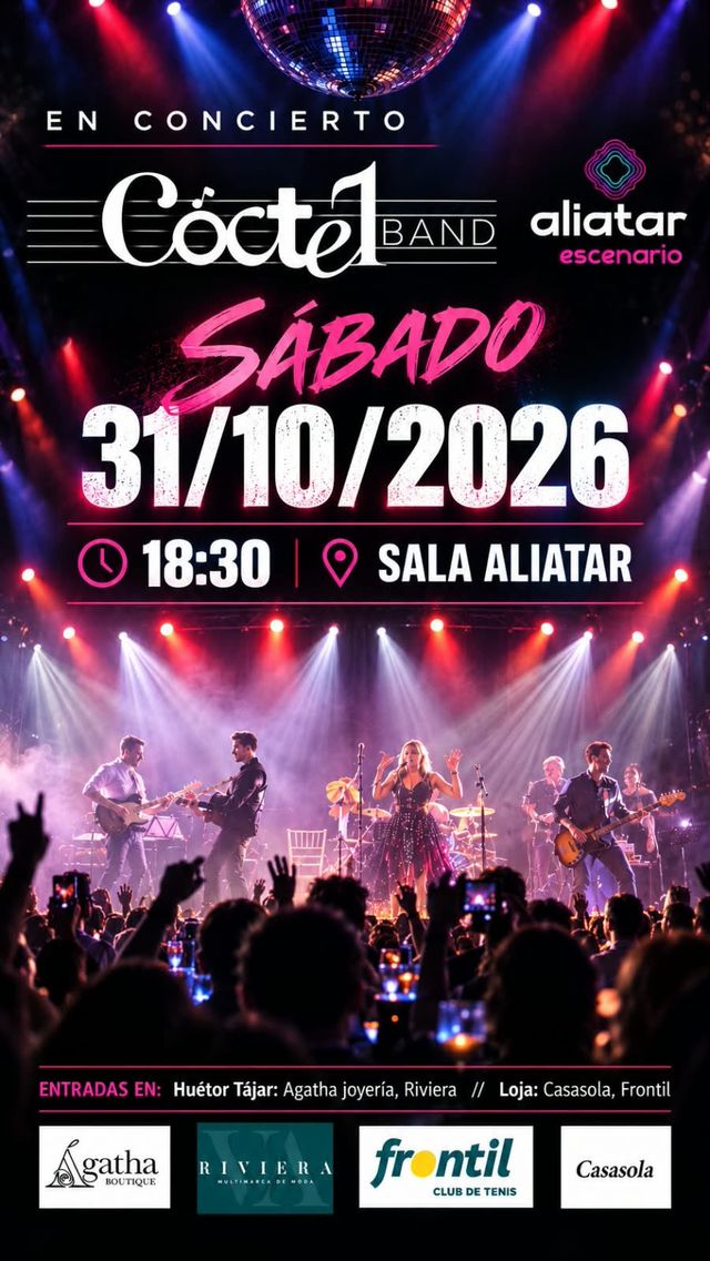 Cartel del concierto de Cóctel Band en Sala Aliatar, con el nombre del grupo sobre una imagen de concierto con escenario, luces y público.