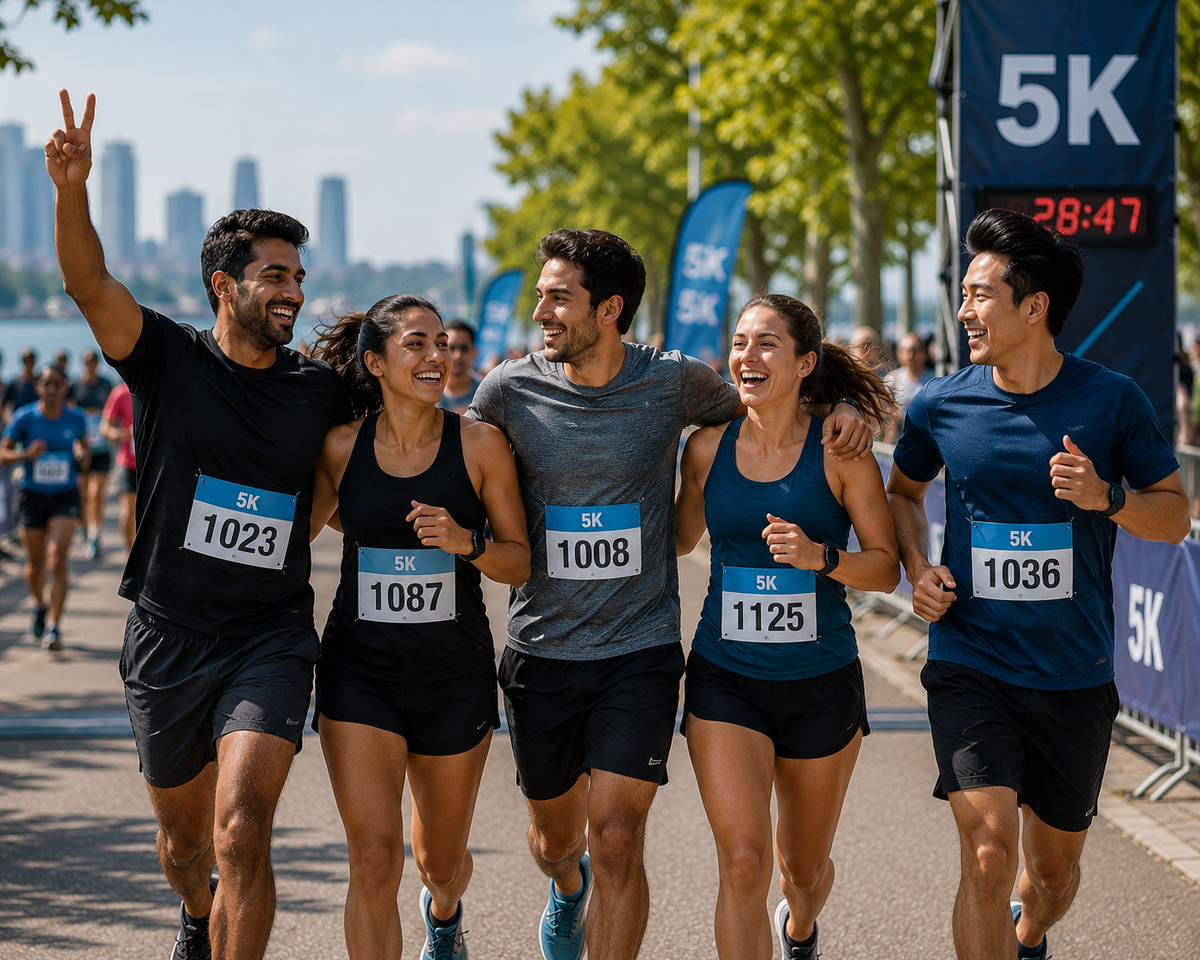 Happy friends running at a 5k race