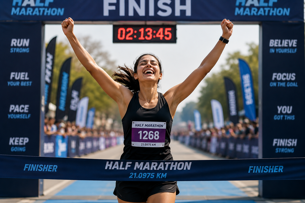 riumphant Athlete Celebrates Victory After Crossing the Finish Line in Half Marathon Event